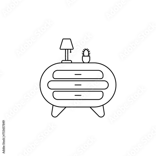 Editable outline of the bedside table. Table lamp vector. Linear logo of the interior of the bedside table. Room table top. A cozy bedside table. Place by the bed for things. Home cozy furniture.