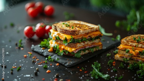 Grilled cheese sandwich. Isolated on dark slate background.