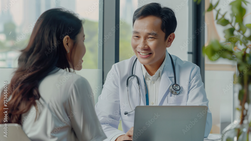 Cheerful friendly male doctor at medical office in hospital, showing examination results on laptop monitor screen and having consultation with young woman patient sitting in clinic Cheerful friendly male doctor at medical office in hospital, showing examination results on laptop monitor screen and having consultation with young woman patient sitting in clinic
