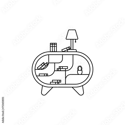 Editable outline of the bedside table. A cozy bedside table. Linear logo of the interior of the bedside table. Table lamp vector. Room table top. Place by the bed for things. Home cozy furniture.