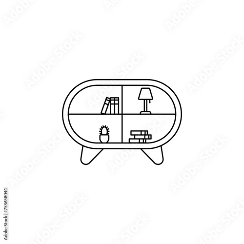 Editable outline of the bedside table. A cozy bedside table. Linear logo of the interior of the bedside table. Table lamp vector. Room table top. Place by the bed for things. Home cozy furniture.