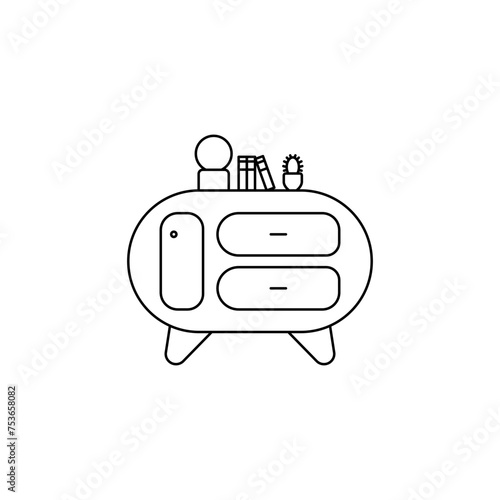 Editable outline of the bedside table. A cozy bedside table. Linear logo of the interior of the bedside table. Table lamp vector. Room table top. Place by the bed for things. Home cozy furniture.