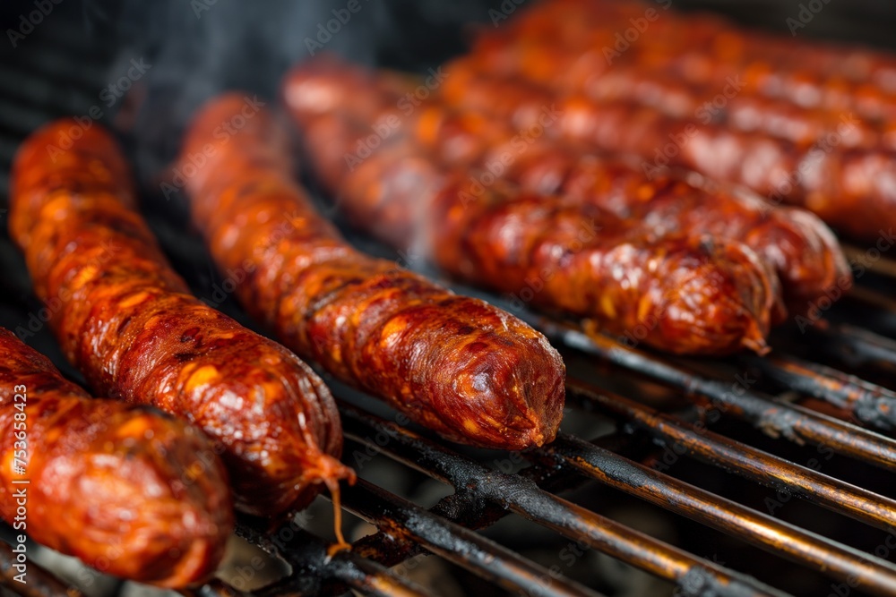 Grilled Portuguese chorizos garnished with herbs, lined up on a barbecue grill