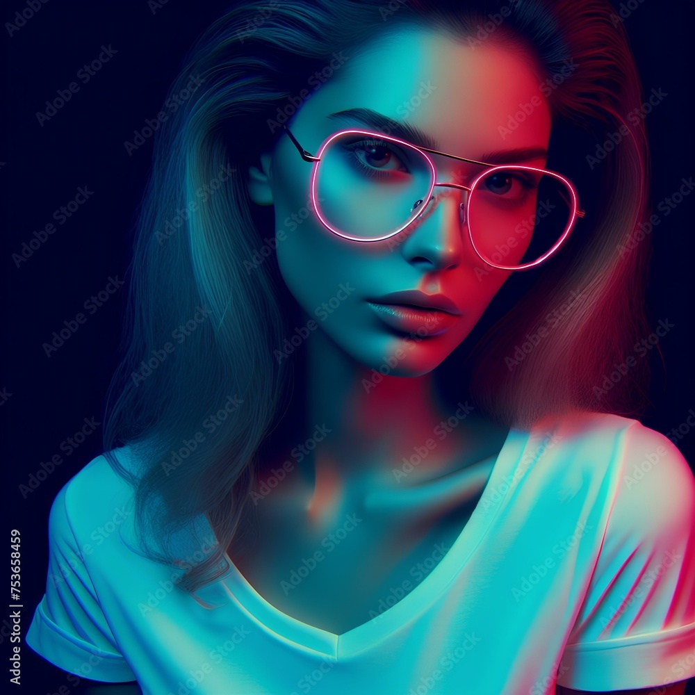 Girl wear Neon glasses in dark background, stylish fashion girl model