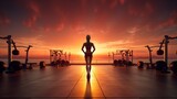 The silhouette of a slender athletic woman in an outdoor gym near the gym equipment at sunset. Sports, Fitness, Crossfit, Energy, Workouts, Healthy lifestyle concepts.
