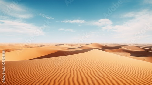 Beautiful Arabian desert with warm colors.Golden Sand Dune Desert Landscape Panorama. Beautiful over the sand dunes in the Arabian,touched by the golden rays of the setting sun,generative ai