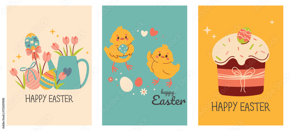 Easter greeting card with eggs. Set of easter cards. Collection of holiday icons. Spring collection of animals, flowers and decorations. For poster, card, scrapbooking , stickers. Cartoon flat vector 