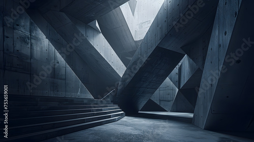 Daring Contemporary Interior Design: Bold Concrete Structures Infused with Edgy Polygonal Patterns and Shadowy Depth photo