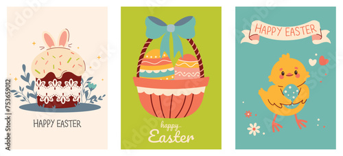 Set of easter cards. Collection of holiday icons. Spring collection of animals  flowers and decorations. For poster  card  scrapbooking   stickers. Cartoon flat vector illustration
