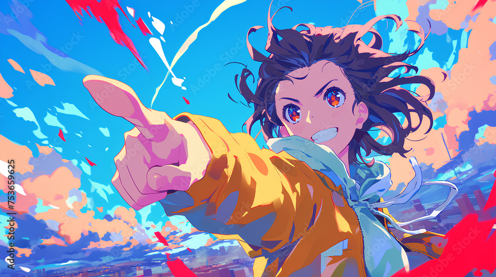 Obraz premium anime character cool pose pointing while smiling