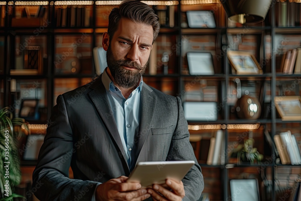 Businessman in suit and tie in office with tablet in hand