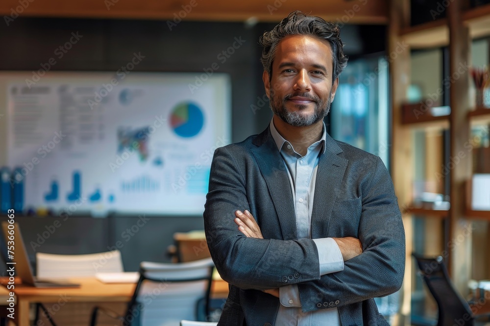 A seasoned businessman stands with arms crossed in a contemporary office with a strategic planning whiteboard A seasoned businessman stands with arms crossed in a contemporary office with a strategic planning whiteboard