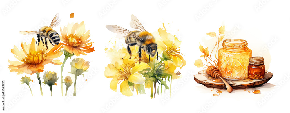 Watercolor Honey Bee Clipart - obrazy, fototapety, plakaty 