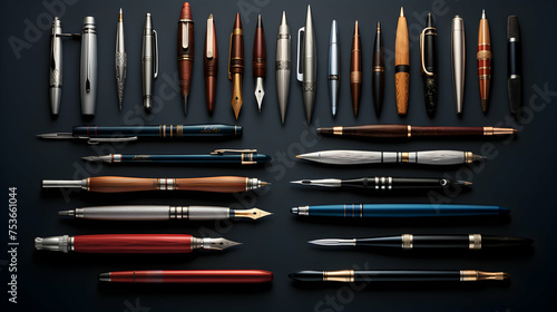A range of artistic pens and writing instruments arranged in a sophisticated manner, photo