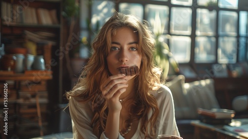woman at home eating chocolate