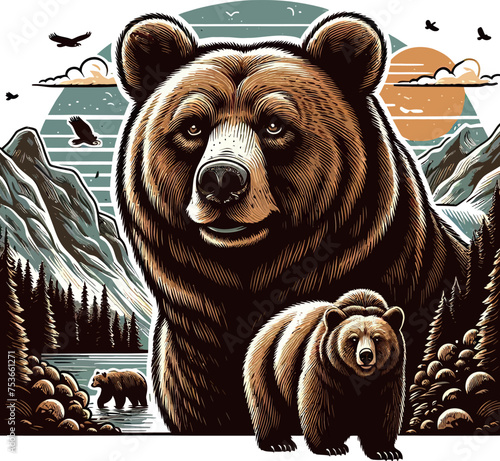 brown bear in the forest vector art illustration for t-shirt merch