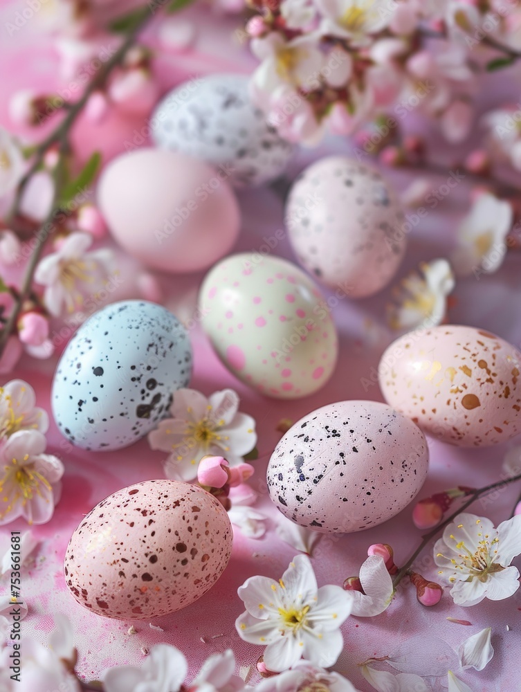 Decorative Easter eggs and blooming flowers