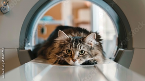 Cat in MRI - Magnetic resonance imaging scan device in veterinary clinic. photo