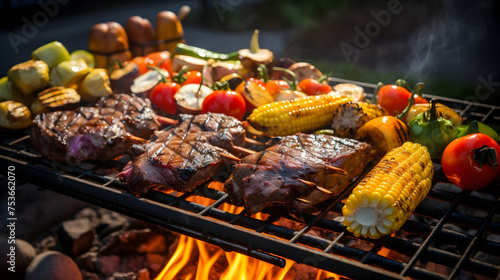 Backyard barbecue with the extended family, capturing the sizzle of grills,