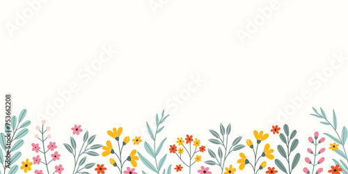 Spring rectangular celebration background with empty place for text in flat style. Hand drawn different colorful flowers and branches. Holiday seasonal floral template.