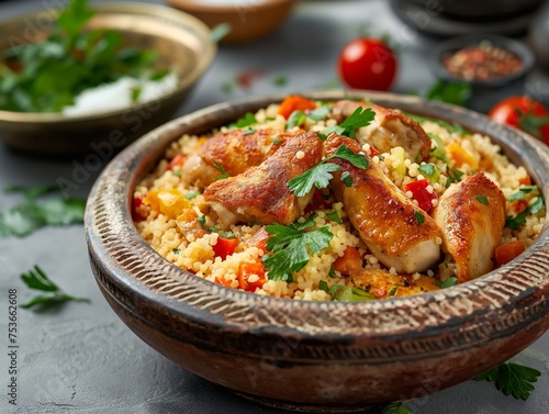 A close-up of a flavorful couscous dish paired with succulent grilled chicken, garnished with fresh parsley.