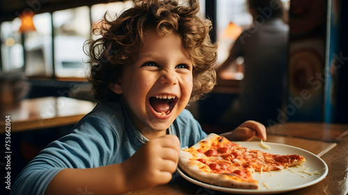 Close-up of a child relishing a cheesy slice of margherita pizza
