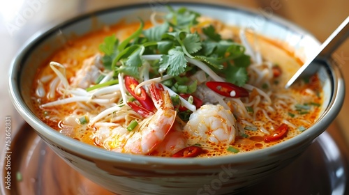laksa soup with coconut milk, noodles, and seafood or chicken