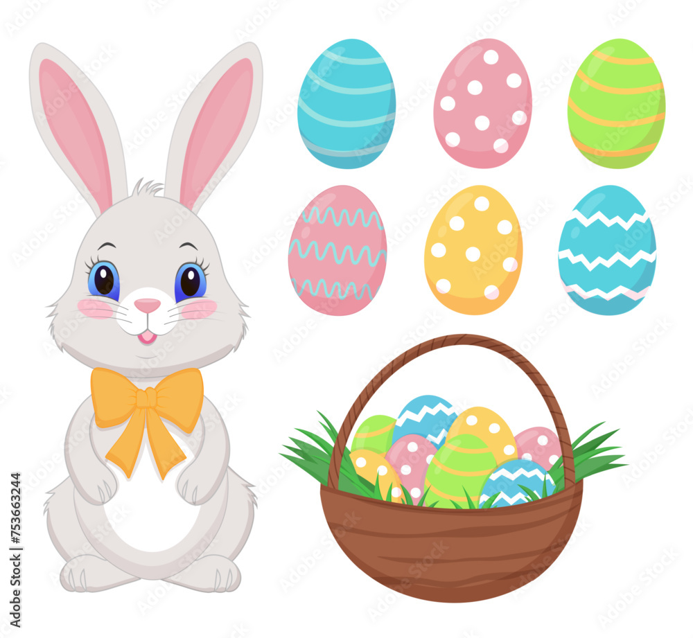 Easter set, bunny, Easter eggs, eggs in a basket isolated on a white background Easter set, bunny, Easter eggs, eggs in a basket isolated on a white background
