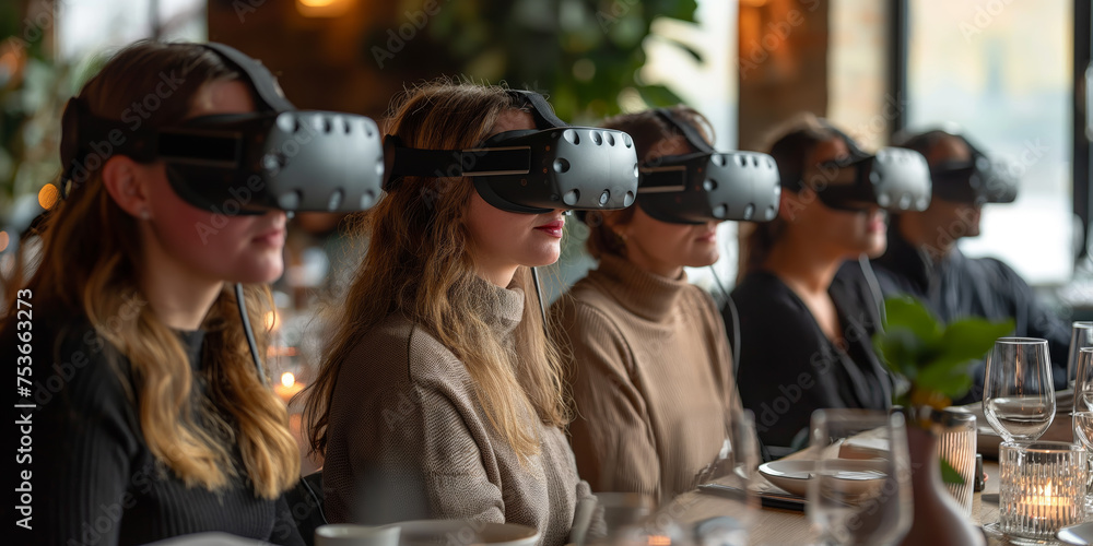 Leute in einem Restaurant mit VR-Headsets Leute in einem Restaurant mit VR-Headsets