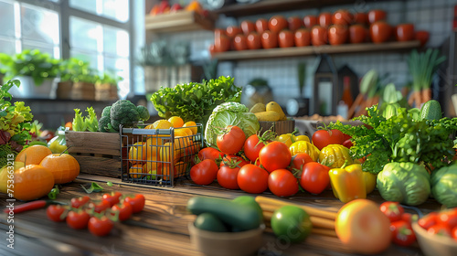 A table full of fresh vegetables including tomatoes, broccoli, and carrots