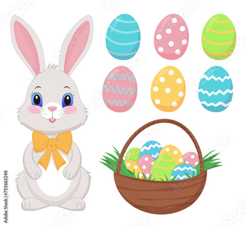 Easter set, bunny, Easter eggs, eggs in a basket isolated on a white background