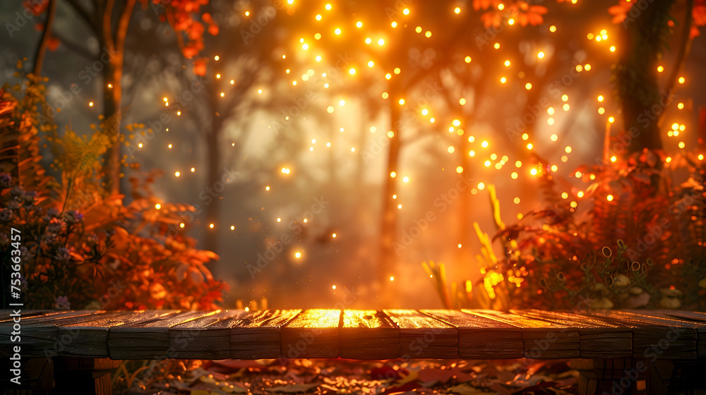 A wooded area with a wooden bridge and a glowing orange sky