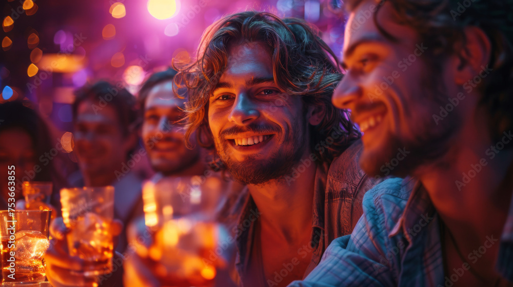 Group of young men toasting at a nightclub. Group of young men toasting at a nightclub.