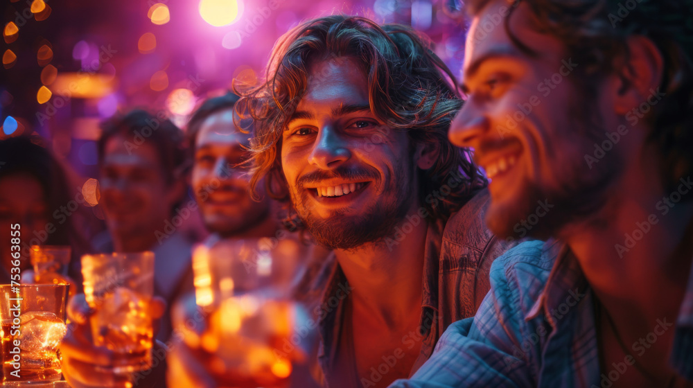 Group of young men toasting at a nightclub.