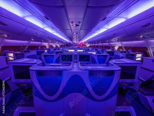 Business class cabin in Airbus A380-800 of Emirates Airline	