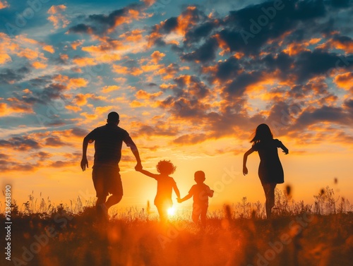 Silhouette of a family holding hands against a vivid sunset sky, symbolizing togetherness and love.