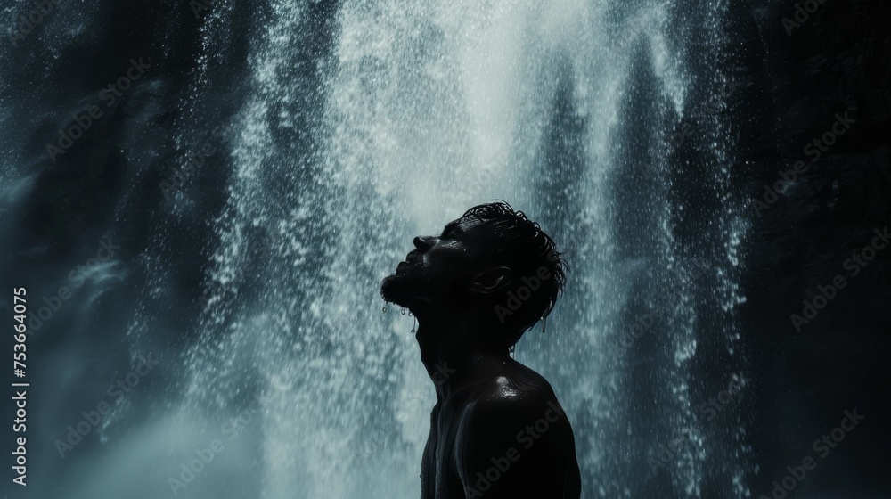 Obraz premium ashing hair, a man stands in a waterfall, removing shampoo from his hair, enveloped in mist and the noise of water.