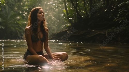 Washing hair at a serene riverbank. Woman kneeling, her hair floating in the shimmering water as she rinses shampoo amidst lush green surroundings. photo