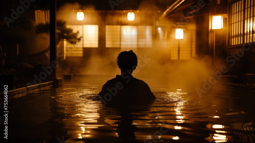 Washing hair in a traditional Japanese onsen. Man shampooing his hair amidst steam, surrounded by the warm glow of lanterns.