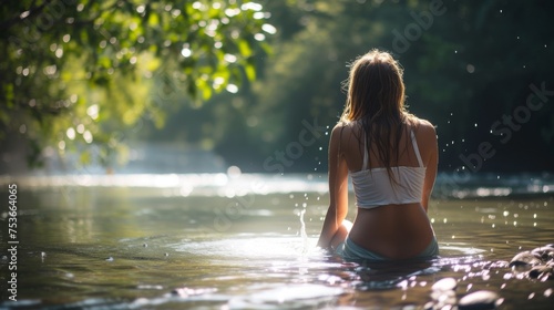Washing hair beside a peaceful river. Woman kneeling  her hair floating around her as she rinses shampoo in the calm  clear water surrounded by lush foliage.