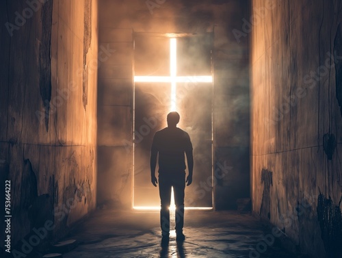 A person stands before a glowing cross-shaped portal in a dark, foggy corridor, symbolizing hope, faith, or a journey.