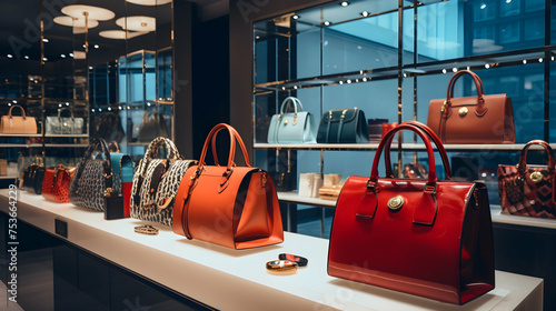High-fashion handbags and accessories organized in a chic boutique display,