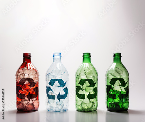 Four plastic bottles with recycling logo on a white background.