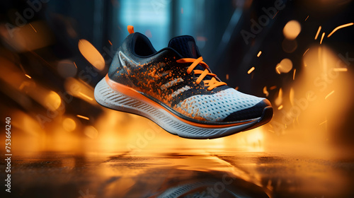High-performance athletic shoes presented in an energetic sports environment,