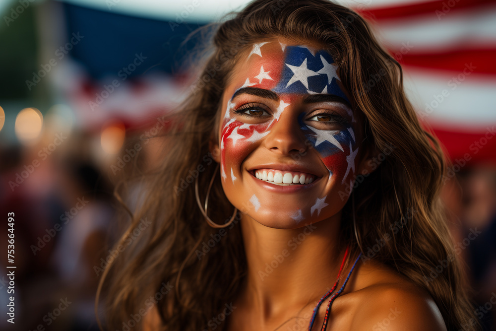 Portrait of americans with their faces painted with patriotic colors and themes