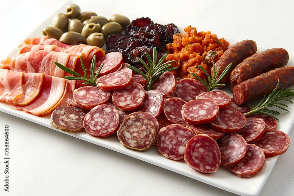 Charcuterie board on white background. Italian antipasti or Spanish tapas Charcuterie board on white background. Italian antipasti or Spanish tapas