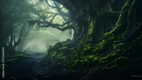 Misty and mysterious forest with ancient trees 