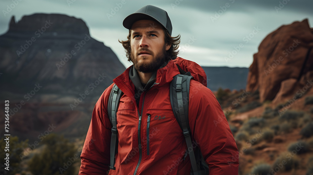 Outdoor adventure apparel showcased in a rugged environment