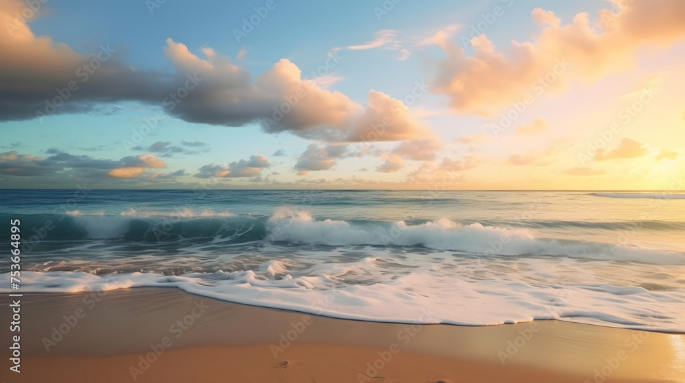 Peaceful coastal scene with gentle waves caressing a sandy beach,