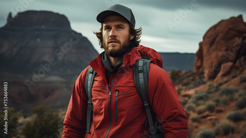 Outdoor adventure apparel showcased in a rugged environment